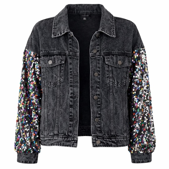 Flying Tomato Jackets & Blazers - Flying Tomato Black Denim Sequin Sleeve Jacket Oversized Large NWOT